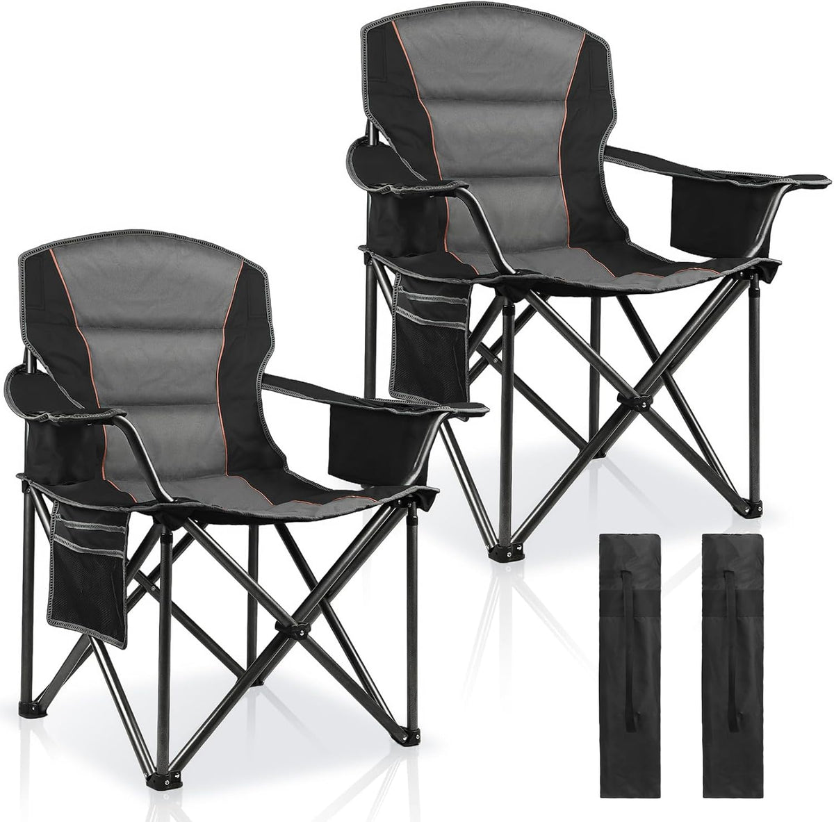 2 Pack Padded Oversized Camping Chairs for Adults,Heavy Duty Support 400 Lbs,Folding Portable Lawn Chair w/Cup Holder,Cooler Bag,Side Pocket,Perfect for Outdoor Picnic,Hiking(Black)