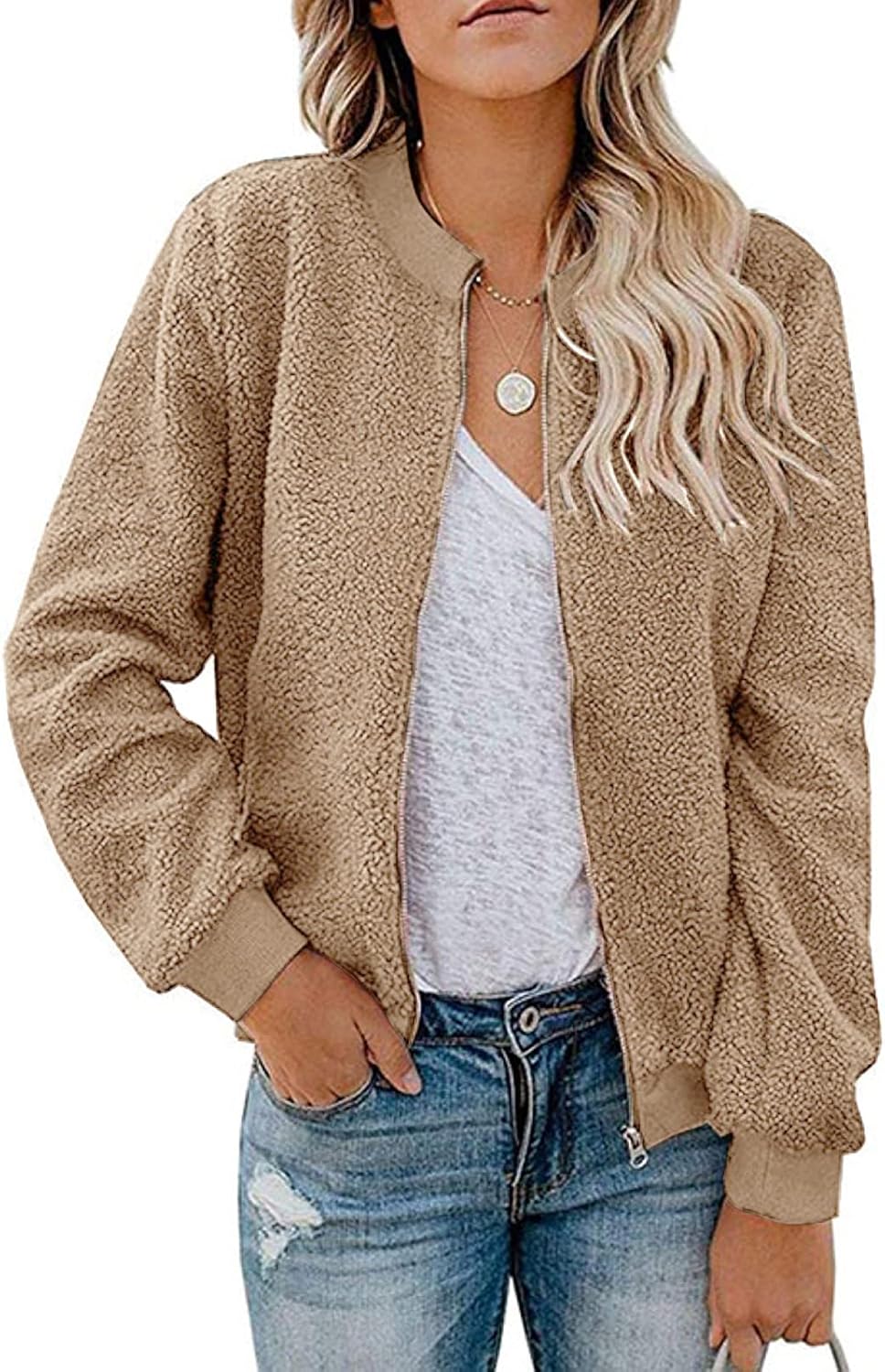 MIROL Women's Fall Fleece Bomber Jacket Trendy Sherpa Winter Coat Fuzzy Casual Long Sleeve Zip Up Loose Fit Jackets