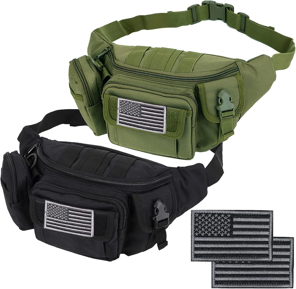 Tactical Fanny Packs, Military Waist Bag Utility Hip Belt Bags for Hiking Climbing Fishing Cycling Hunting with U.S Patch (Green+Black)