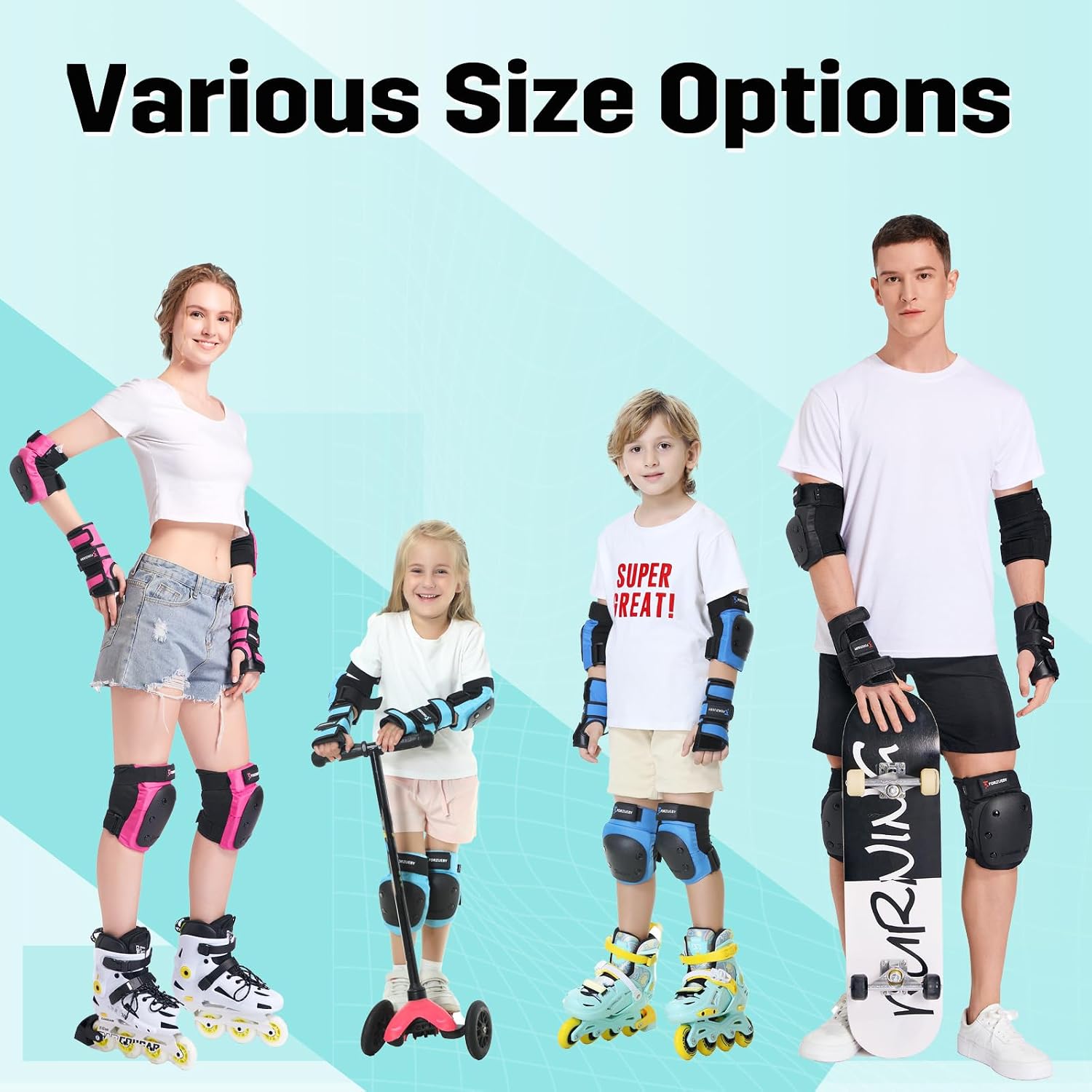 Adult&Kids Knee Pads Elbow Pads Wrist Guards 6 in 1 Protective Gear Set