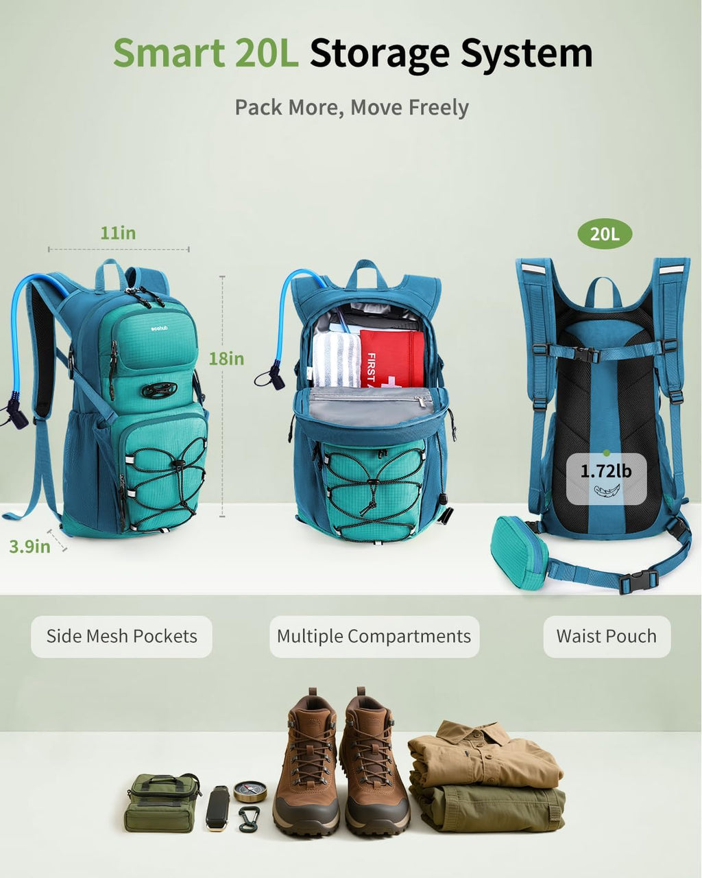 ECOHUB 20L Lightweight Hydration Backpack with 2L Water Bladder&Waist Pack