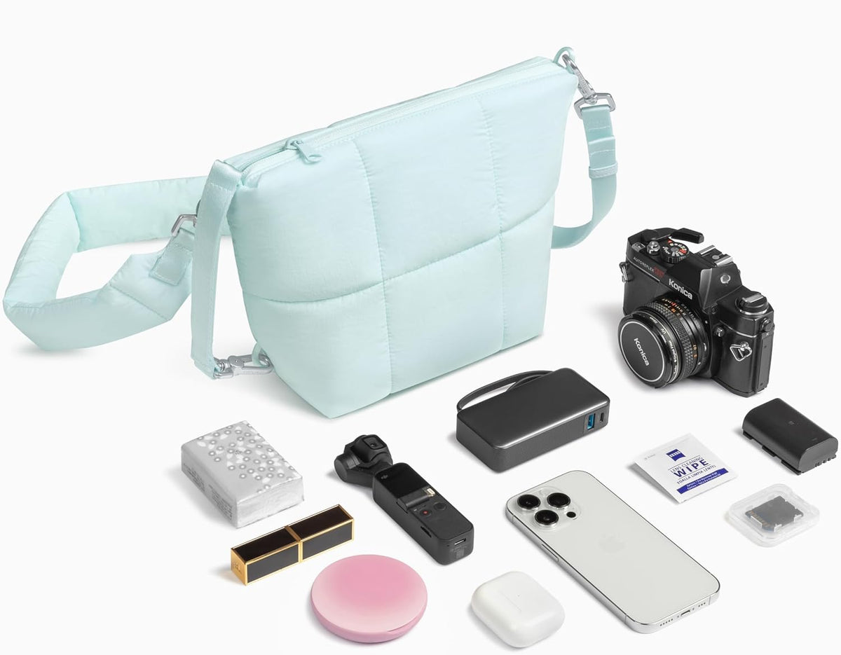 Comfyable Puffy Camera Bag, Soft Pillow Camera Bag with Shoulder Strap, Water-resistant Cute Compact Shooting Purse for Mirrorless DSLR SLR Women and Men, Ice Blue