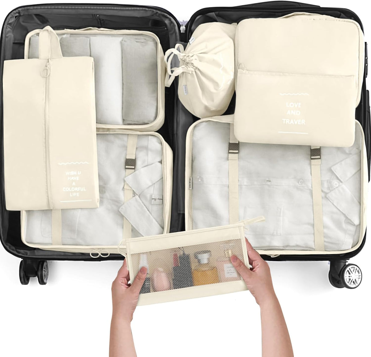 KPX 8 Set Packing Cubes for Travel, Luggage Packing Organizers Accessories Large Toiletries Bag for Clothes Shoes Cosmetics (8Set-Cherry & Bow)