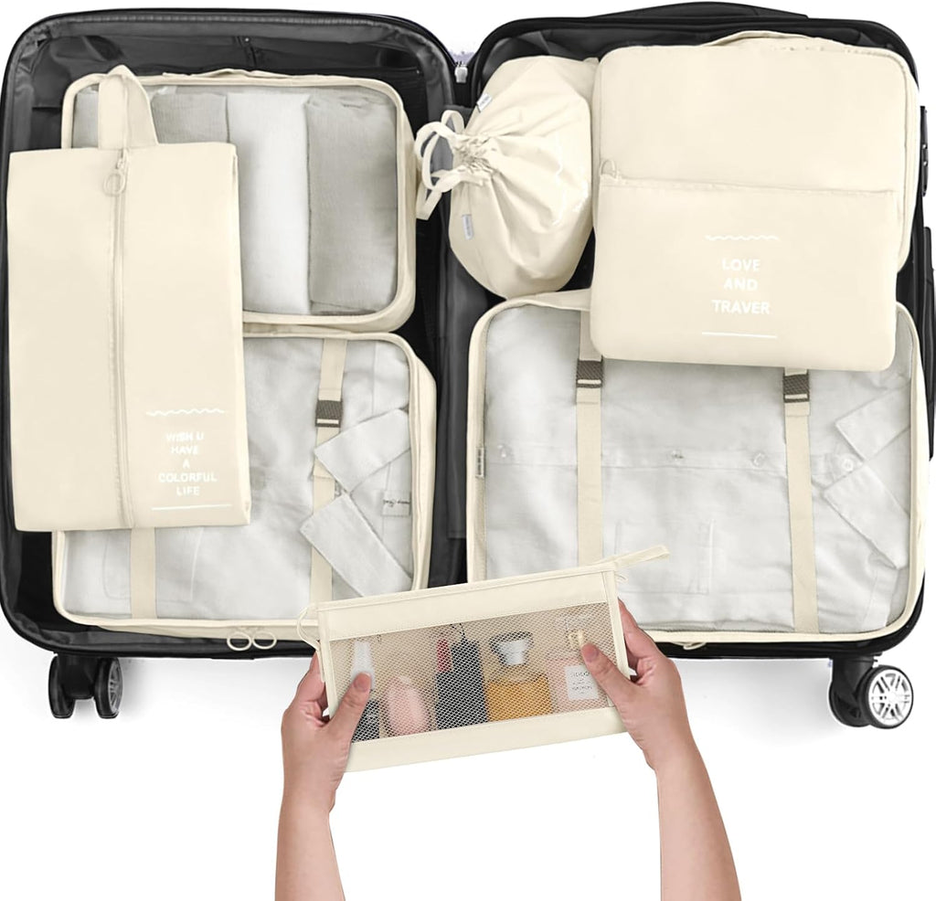 KPX 8 Set Packing Cubes for Travel, Luggage Packing Organizers Accessories Large Toiletries Bag for Clothes Shoes Cosmetics (8Set-Black Checkered)