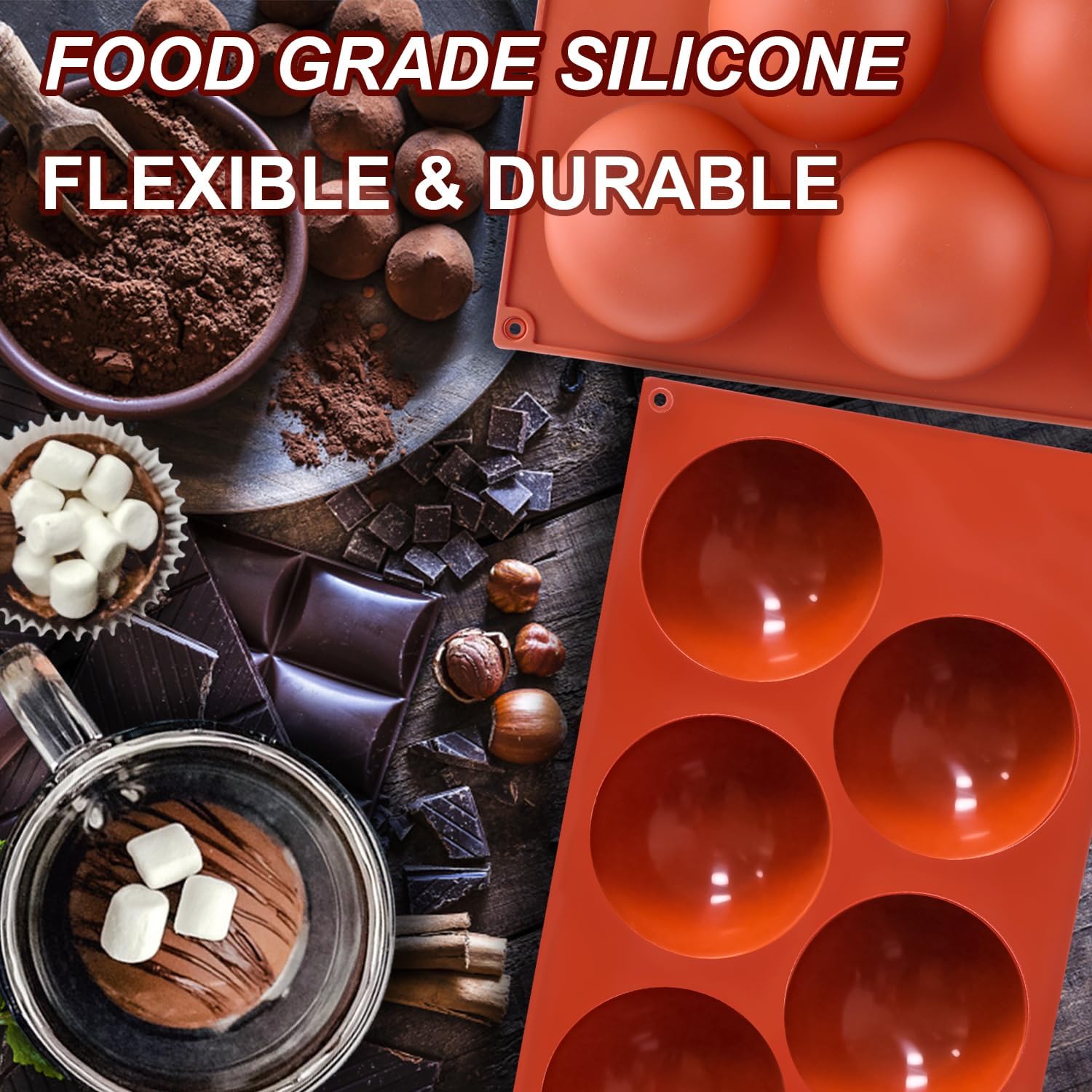 Lerykin 3 Pack Extra Large 5-Cavity Semi Sphere Silicone Molds, Half Sphere Baking Mold Non-Stick for Making Big Size Hot Chocolate Bomb, Jelly, Cake, Dome Mousse