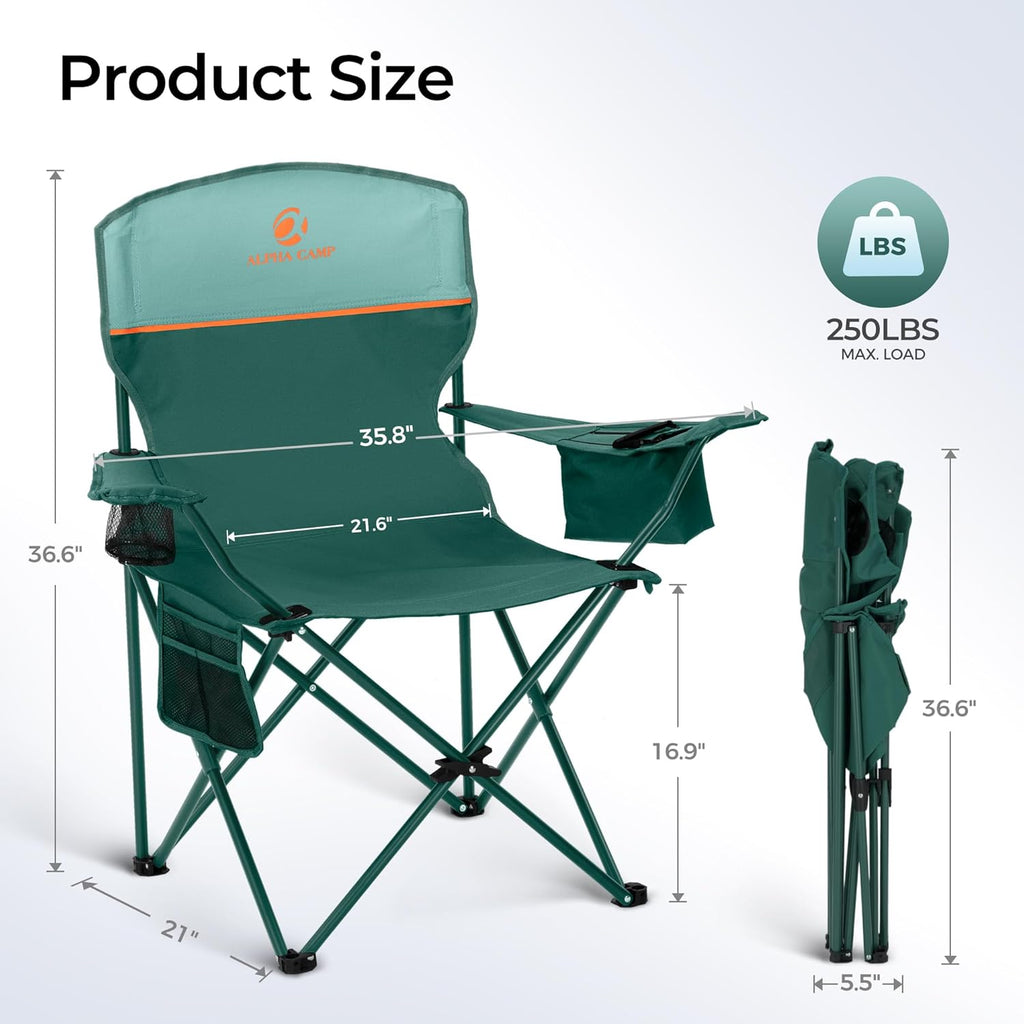 ALPHA CAMP 2-Pack Folding Camping Chair with Cooler Bag & Lumbar Support