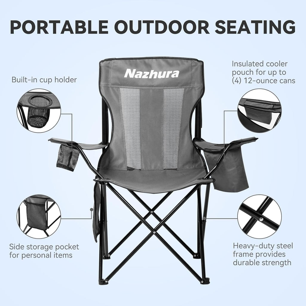 Nazhura 4 Pack Outdoor Camping Chairs Folding/Foldable/Portable with Cooler Pouch, Mesh Backrest and Cup Holder Pocket (Grey, Metal, 4 Pack)