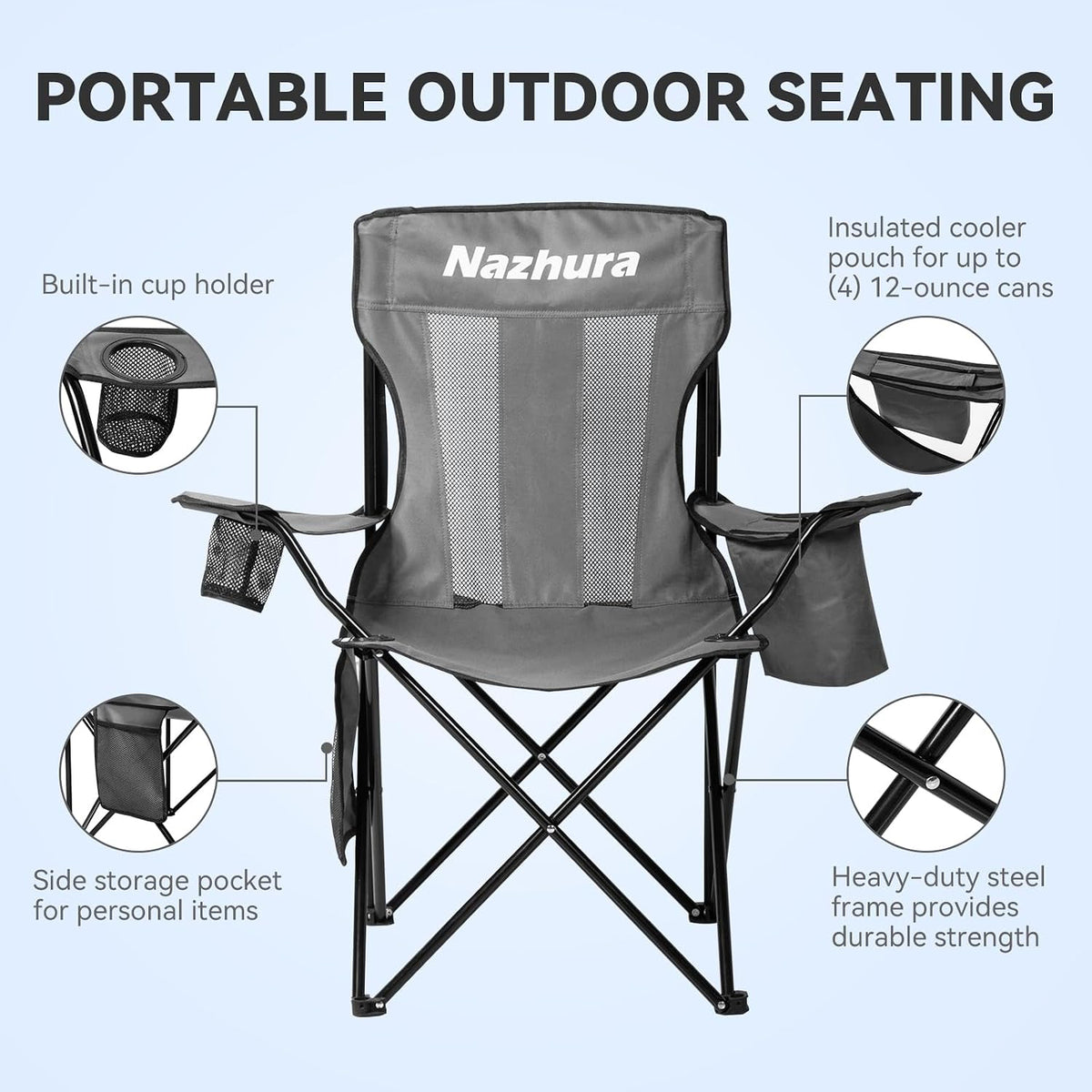 Nazhura 4 Pack Outdoor Camping Chairs Folding/Foldable/Portable with Cooler Pouch, Mesh Backrest and Cup Holder Pocket (Grey, Metal, 4 Pack)