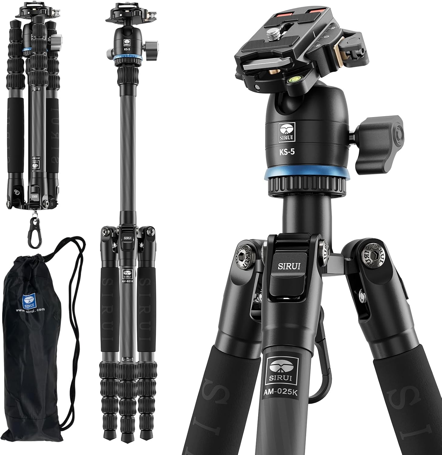 SIRUI AM-025K+KS-5 Carbon Fiber Travel Tripod, Ball Head, 55.1"