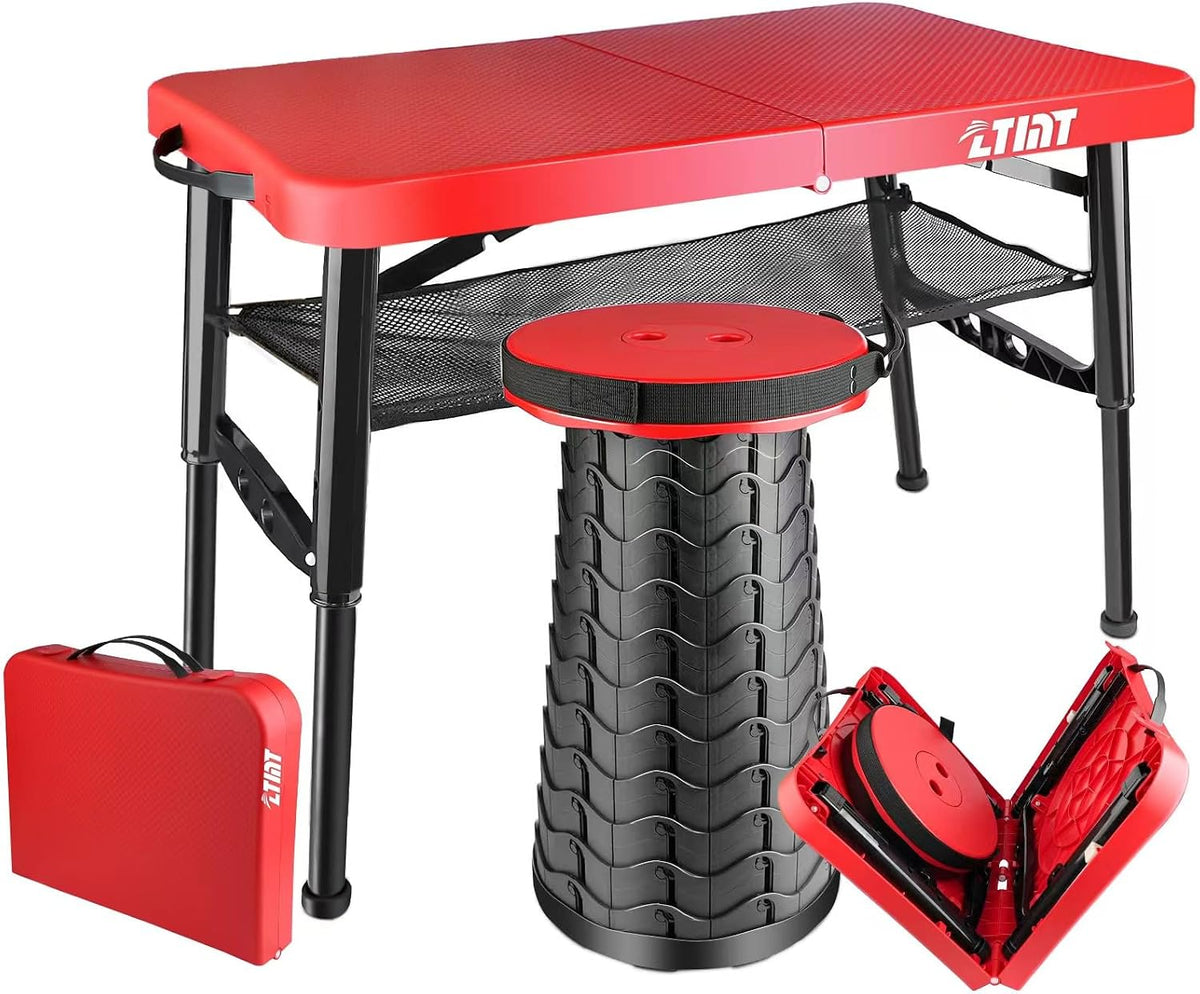 Folding Table and Stool, Small, Black, 4 Foot Outdoor Portable Table, Adjustable Height, Camping, Picnic, RV Table, 55lbs Load-Bearing, Lightweight