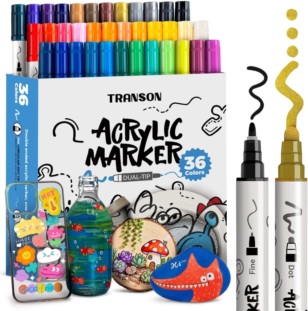 TRANSON 36 Color Bold and Fine Dual-tip Acrylic Paint Pen Set for Canvas Rock Wood Leather Ceramic DIY Painting