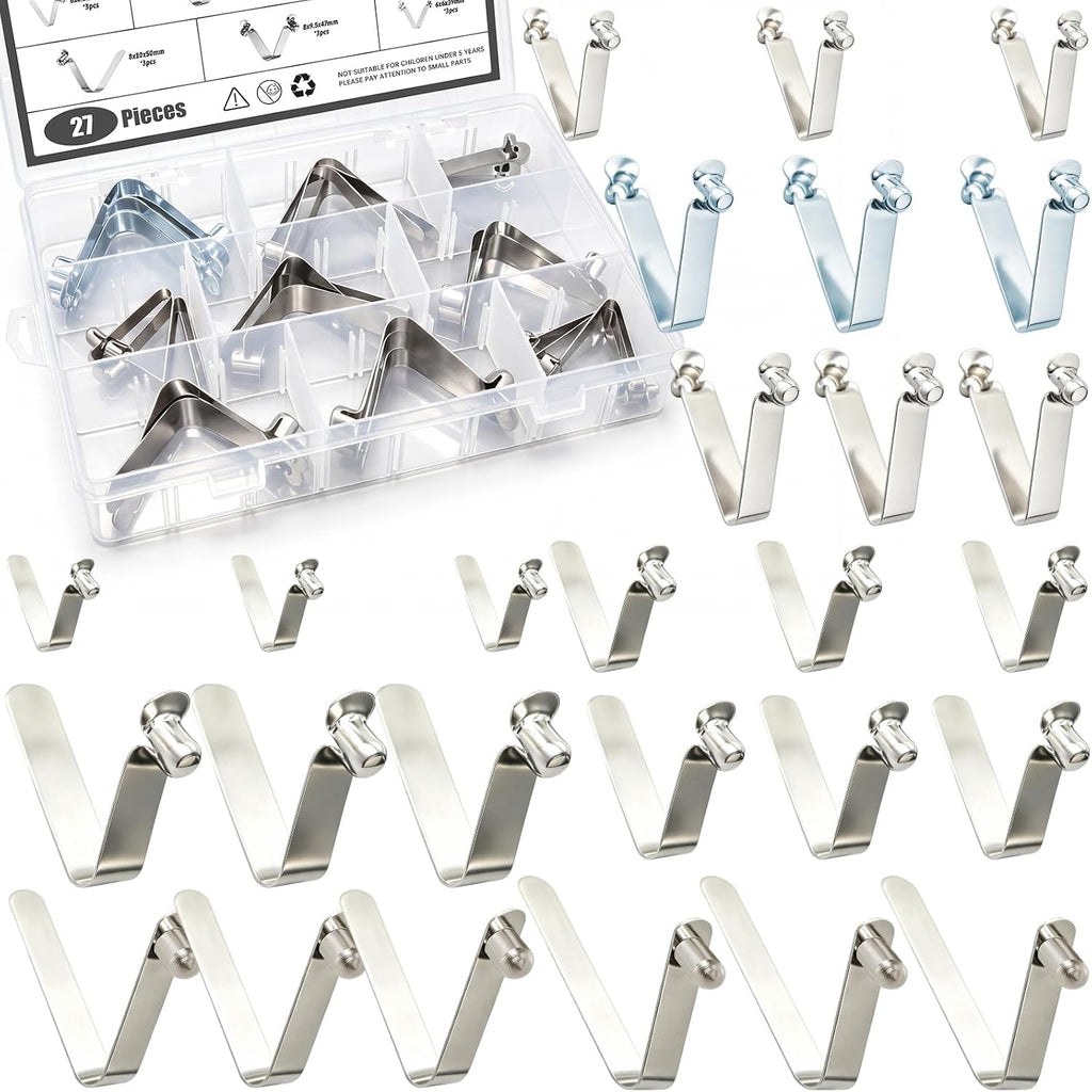 27Pcs Stainless Steel Push Button Spring Clips Assortment Set W Plastic Case, Tent Pole Clip Locking Tube Pin for Camping Kayak Paddle Umbrella