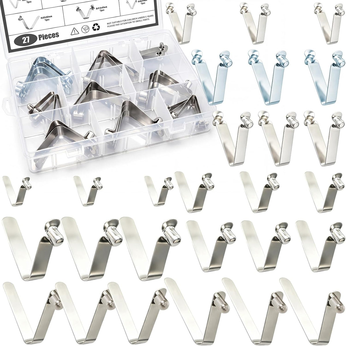 27Pcs Stainless Steel Push Button Spring Clips Assortment Set W Plastic Case, Tent Pole Clip Locking Tube Pin for Camping Kayak Paddle Umbrella