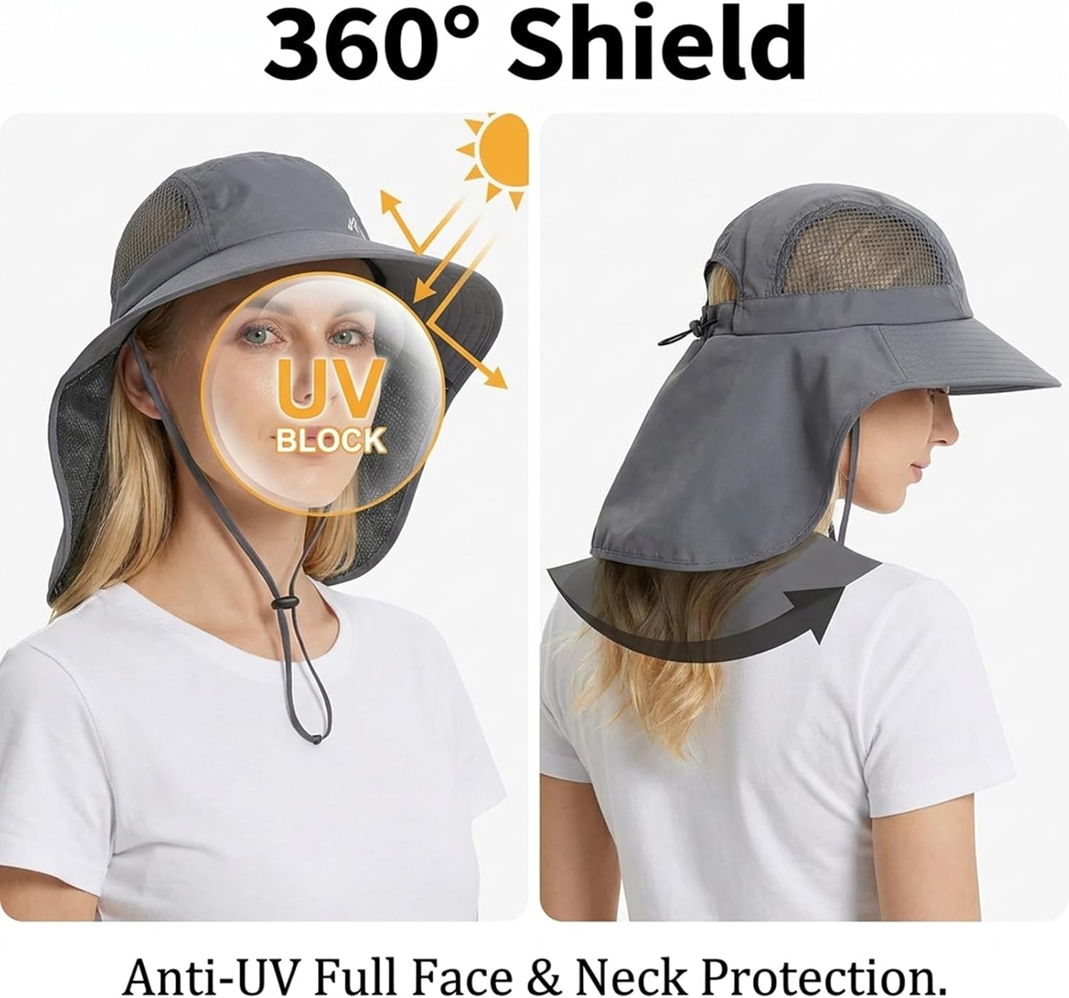 UV Sun Protection Hat Women Foldable Neck Flap Wide Brim Fishing Hat with Ponytail Hole for Women