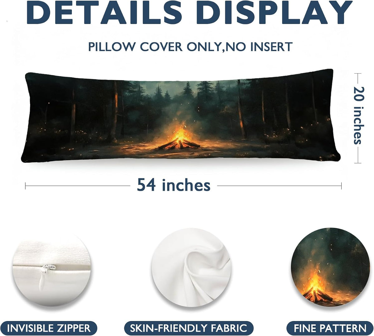 Dark Moody Forest Campfire Camping 20x54 Body Pillow Cover, Camping Decor for Camper, Rustic Pine Tree Night Bonfire Long Body Pillowcase with Zipper for Bed Couch