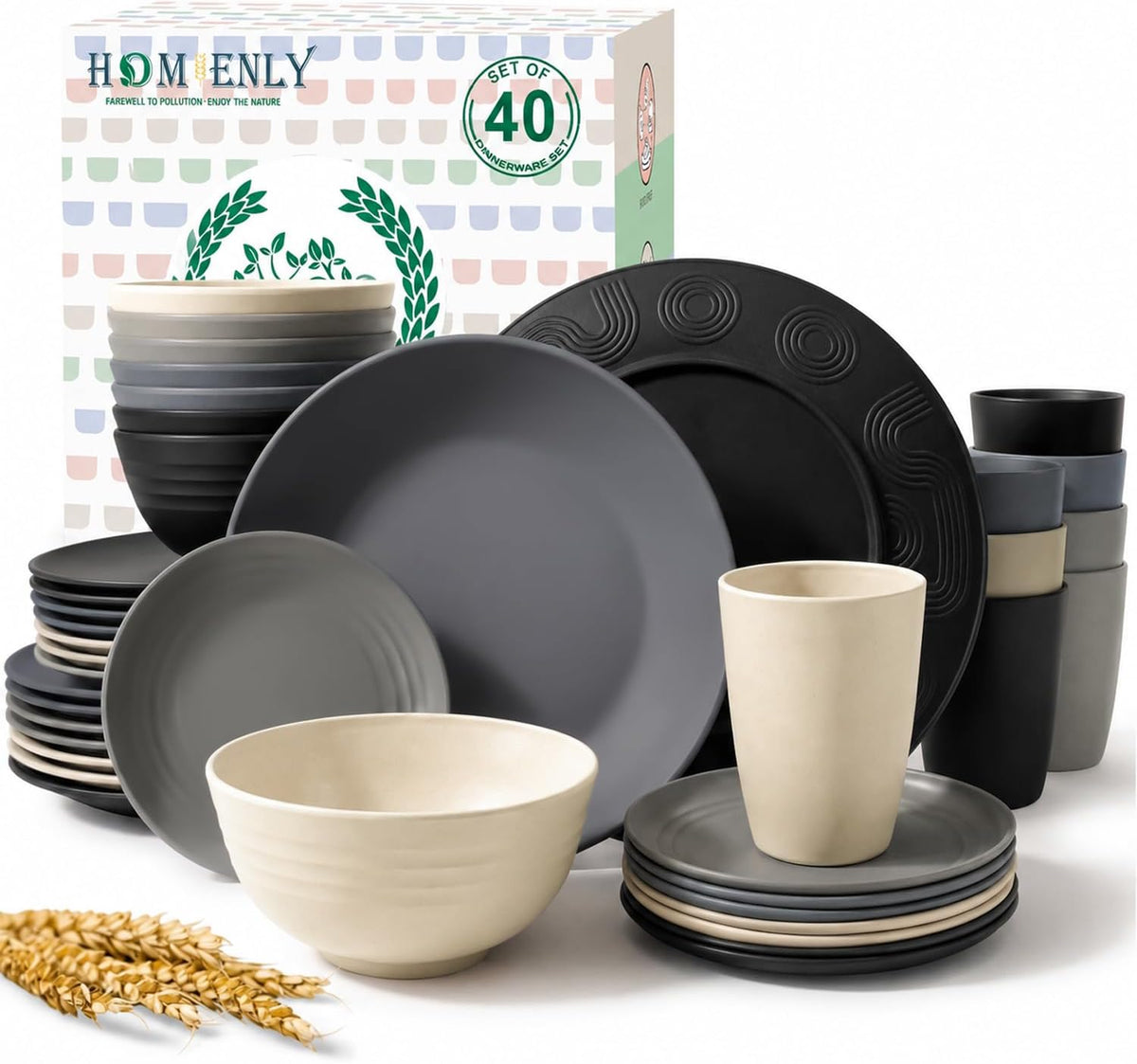 Homienly 40 PCS Wheat Straw Dinnerware Sets Dishes Set for 8 Unbreakable Plates and Bowls Sets for Kitchen Dishwasher and Microwave Safe Plate Set Camping, Apartment, Kids-Grey Stone