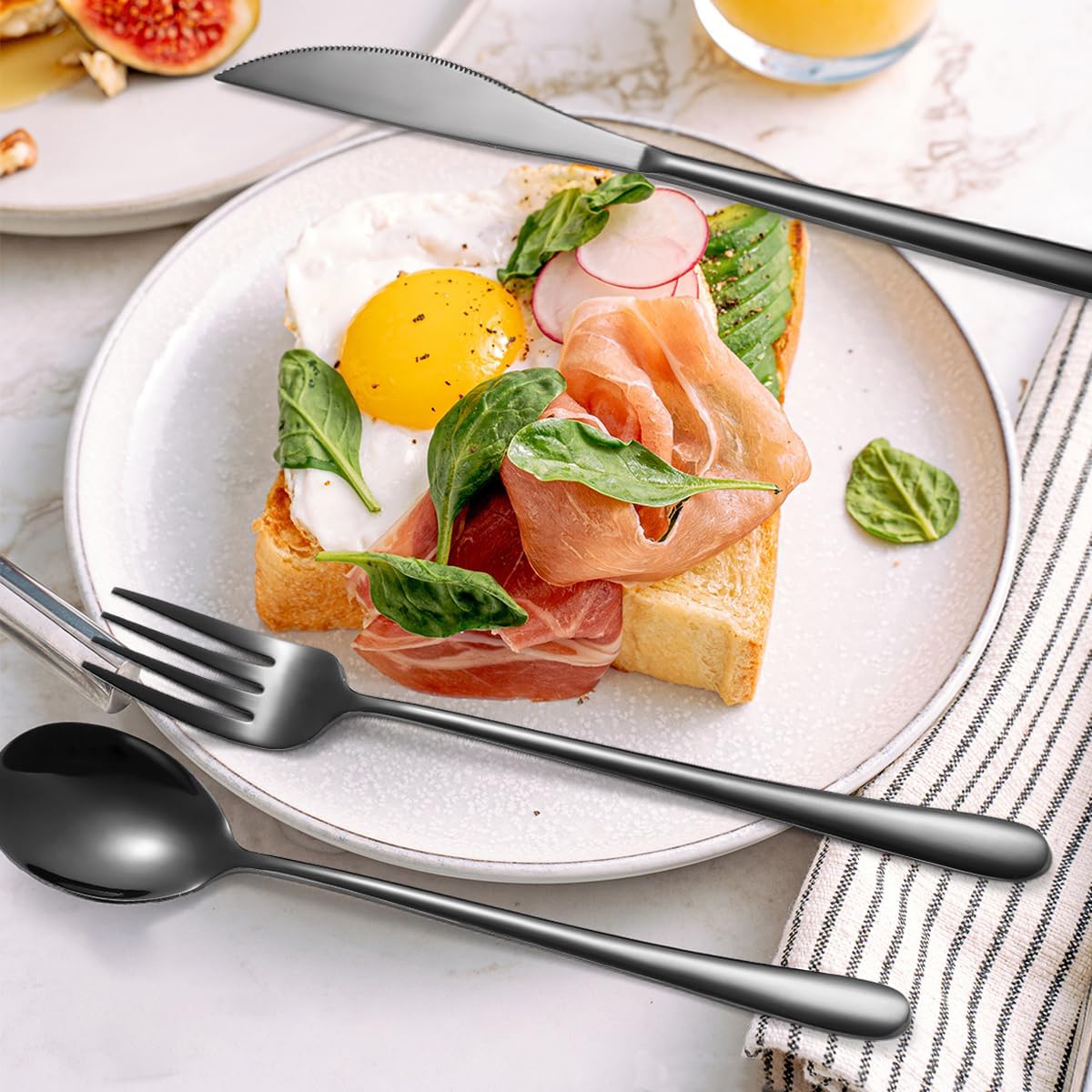 AARAINBOW 6 Pieces 18/8 Stainless Steel Flatware Set Portable Reusable Cutlery Set Travel Utensils Set Including Chopsticks Knife Fork Spoon Straws Cleaning Brush Dishwasher Safe (Black)