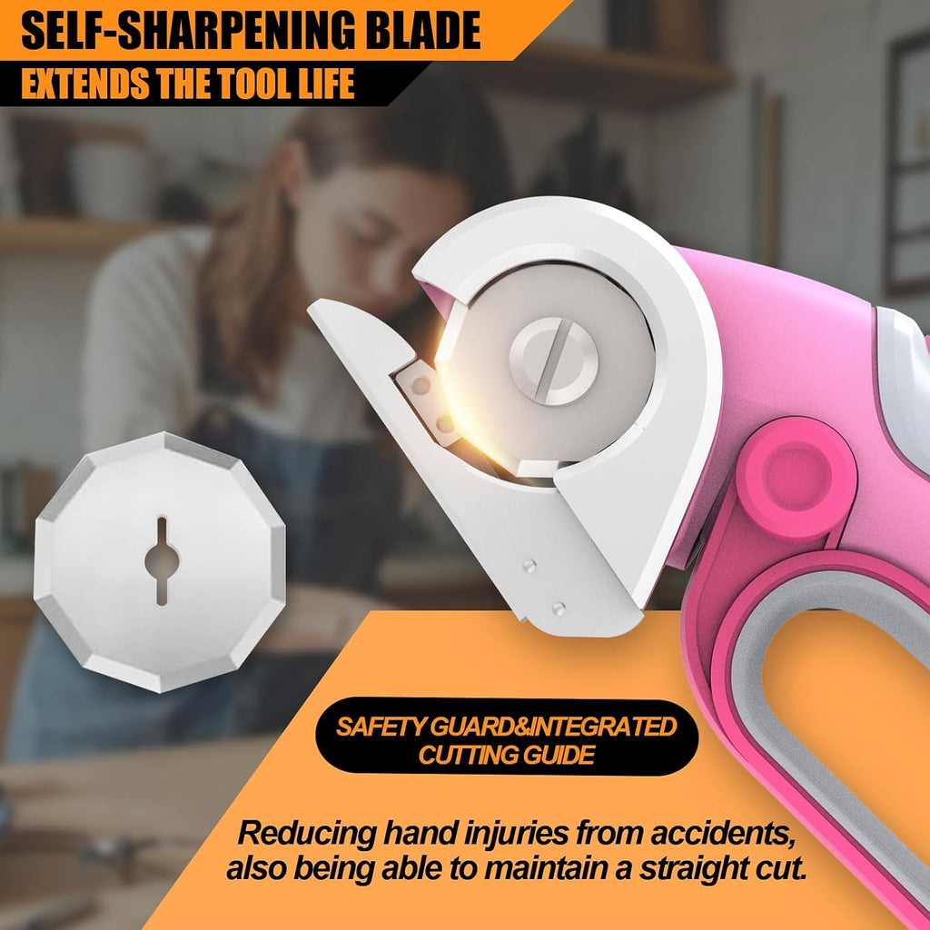 ZEITE 4V Cordless Electric Scissors Cardboard Cutter with 2 x Blades,1 x Storage Case,1 x USB Charging Cable,Rotary Cutter for Box Plastic Carpet Fabric, Easy to Hold and Safety,Pink