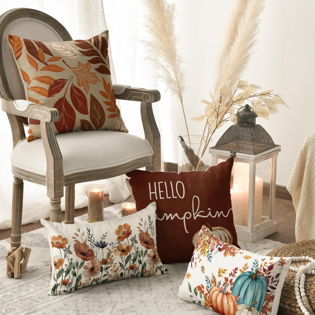 AVOIN colorlife Hello Fall Pumpkin Leaves Pillow Covers 18x18 Inch Set of 4