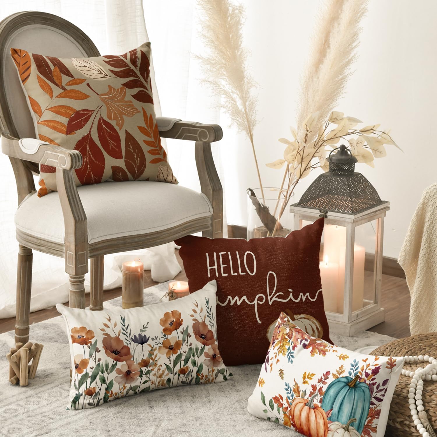 AVOIN colorlife Hello Fall Pumpkin Leaves Pillow Covers 18x18 Inch Set of 4