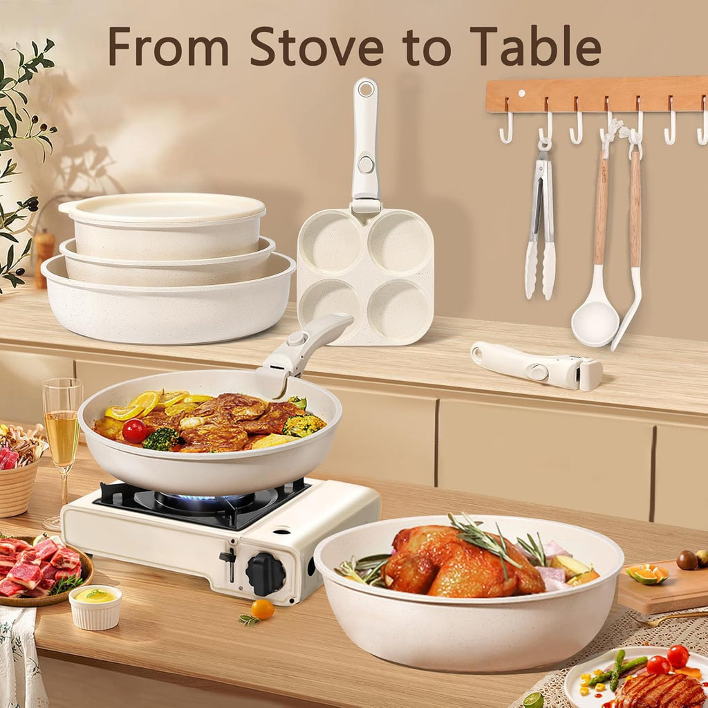 GiPP Ceramic Pots and Pans Set Non Stick, Nonstick Detachable Handle Cookware Sets, Healthy Non Toxic PFAS PFOA & PTFE Free, Dishwasher ＆Oven Safe, Induction Kitchen Pot and Pan, 15 Piece Cream