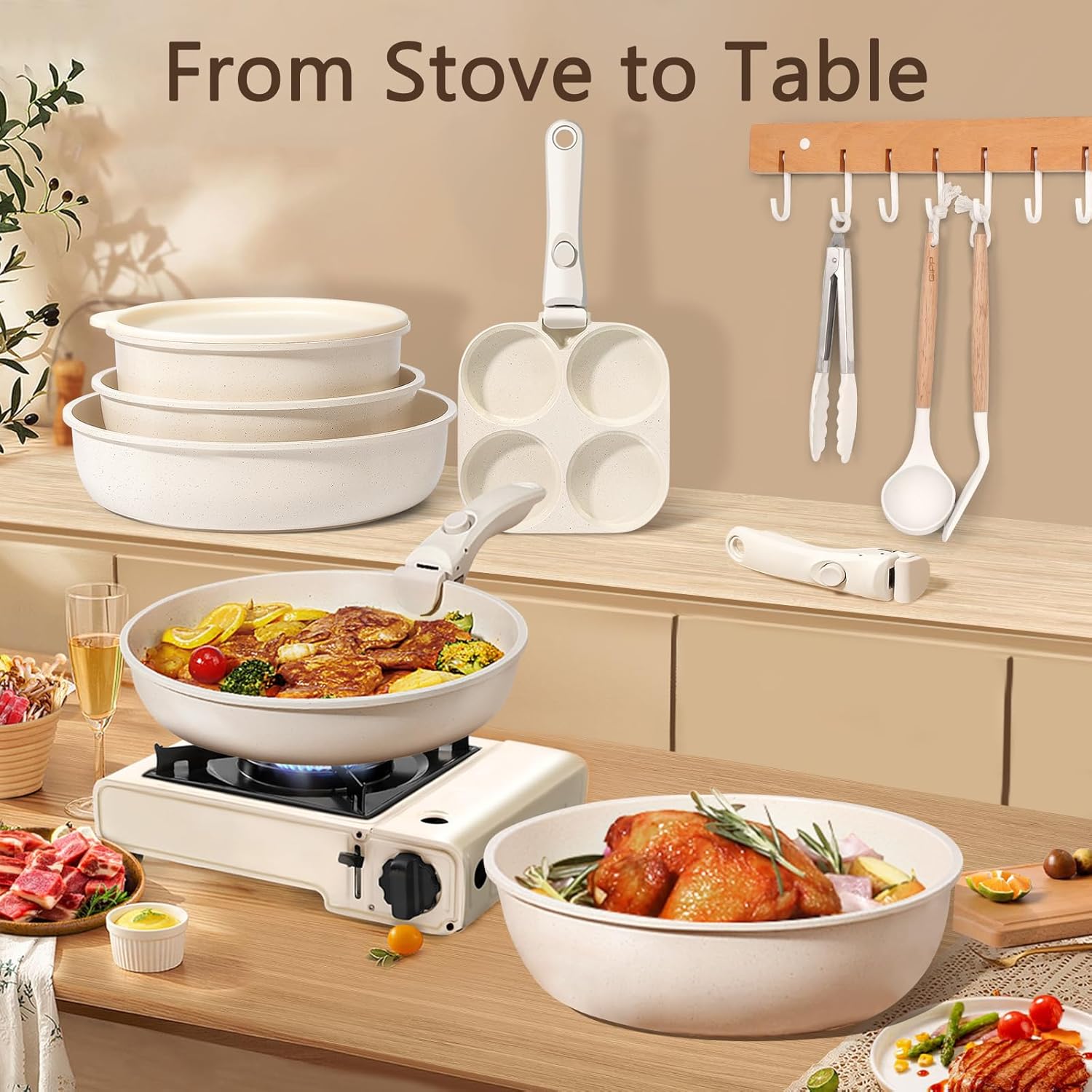 GiPP Ceramic Pots and Pans Set Non Stick, Nonstick Detachable Handle Cookware Sets, Healthy Non Toxic PFAS PFOA & PTFE Free, Dishwasher ＆Oven Safe, Induction Kitchen Pot and Pan, 15 Piece Cream