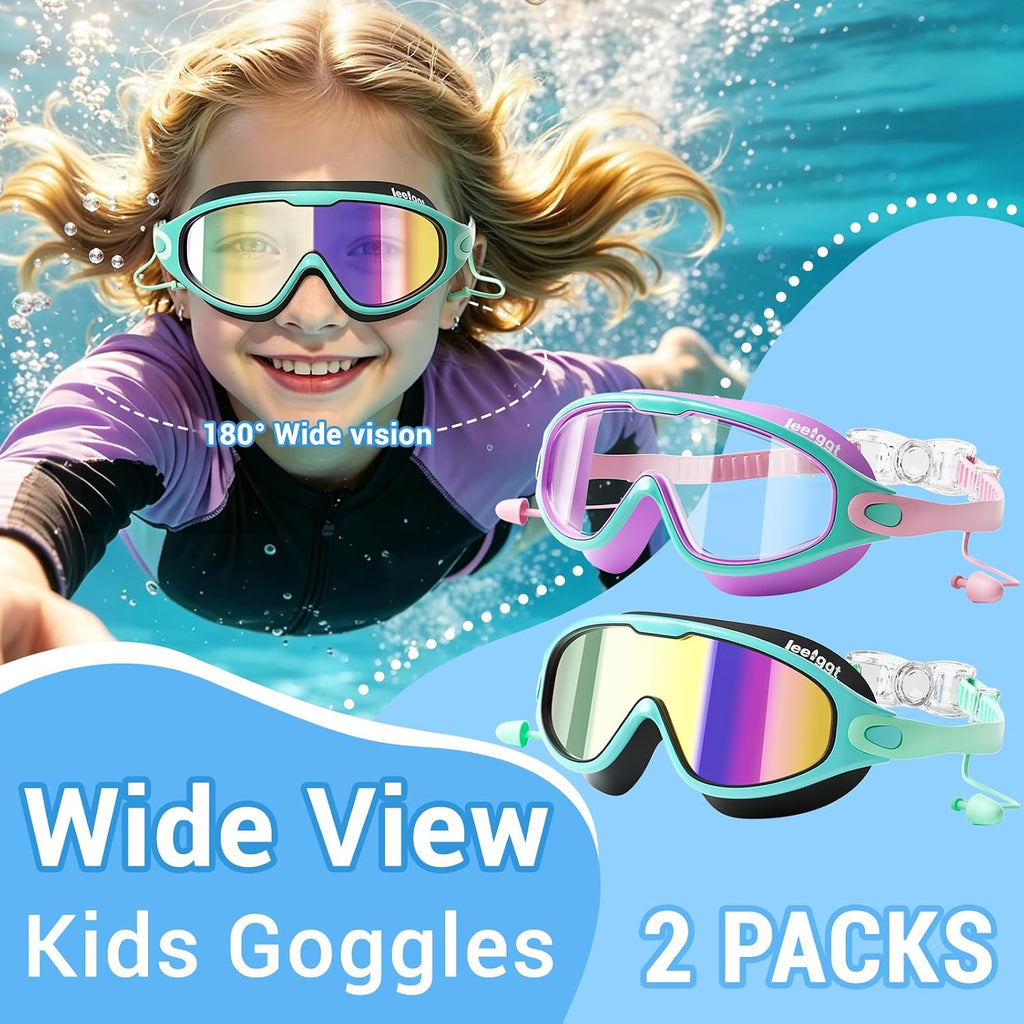 Kids Swim Goggles 2 Pack, Anti-Fog No Leak Swimming Goggles with UV Protection, Wide View Pool Goggles for Boys Girls