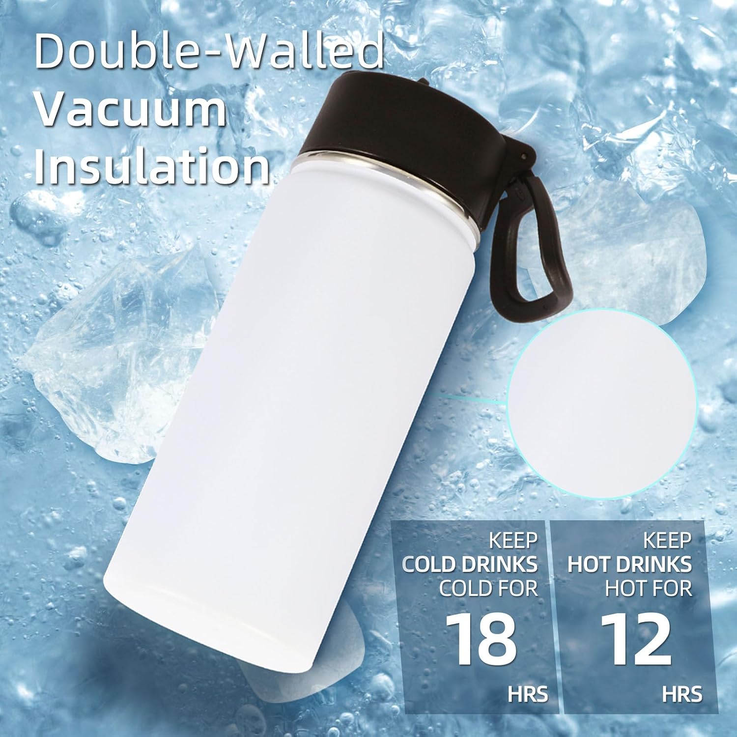 Volhoply 16 OZ Kids Water Bottle Bulk 2 Pack,Insulated Sports Bottles with Straw Lid,Stainless Steel Bottle with Handle Keep Cold & Hot,Double Wall Vacuum Tumbler Cups for School,Girls(White, 2)