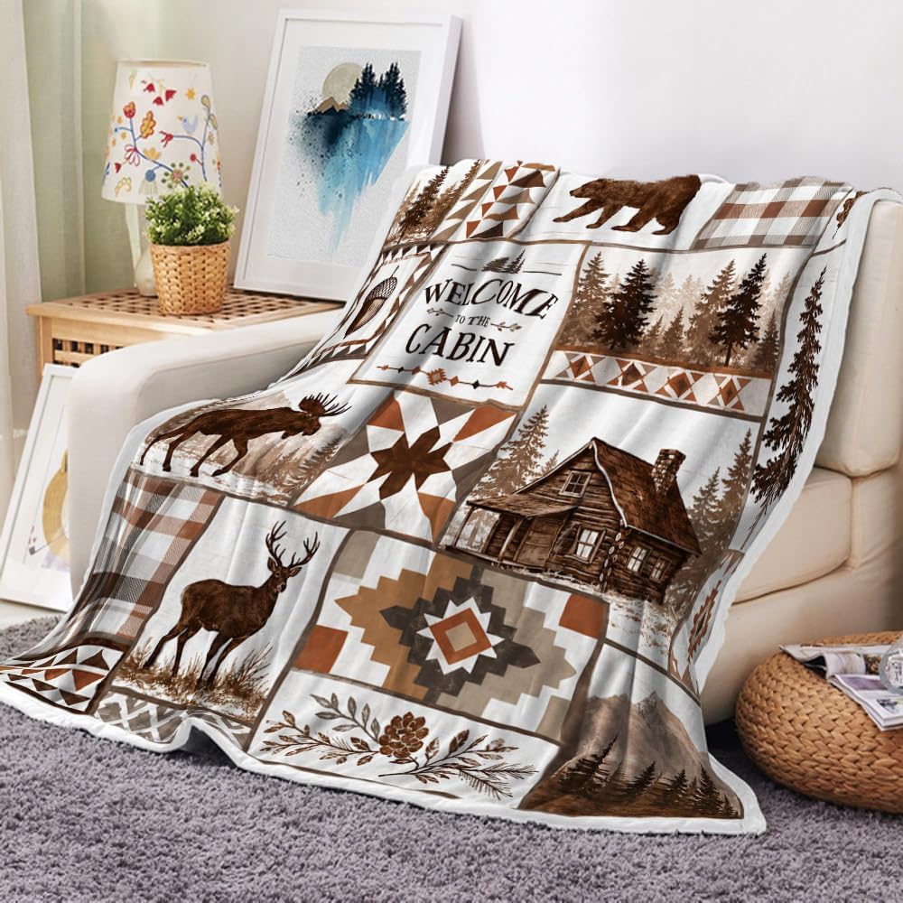 Rustic Cabin Throw Blanket, Bear Deer Moose Patchwork Lodge Home Decor