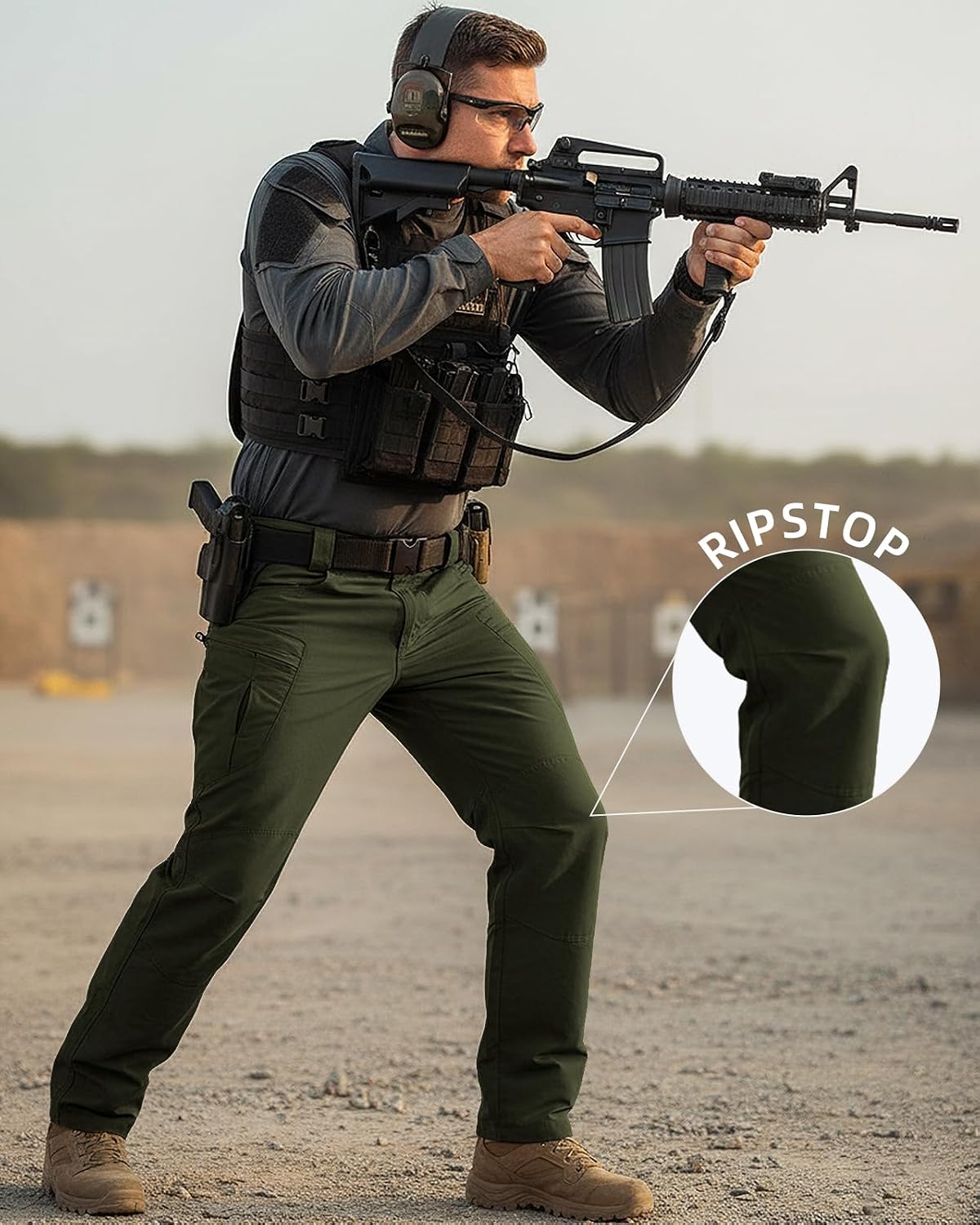 Men's Stretch Tactical Pants Waterproof Ripstop Fabric Cargo Pants Lightweight Casual Hiking Outdoor Work Pants (No Belt)