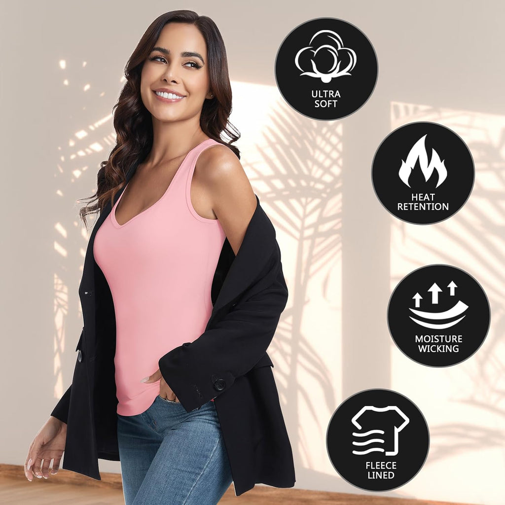WOWENY Thermal Fleece Tank Top for Women V Neck Sleeveless Shirts Camisole Warm Base Layer Cami Vest Underwear Tops
