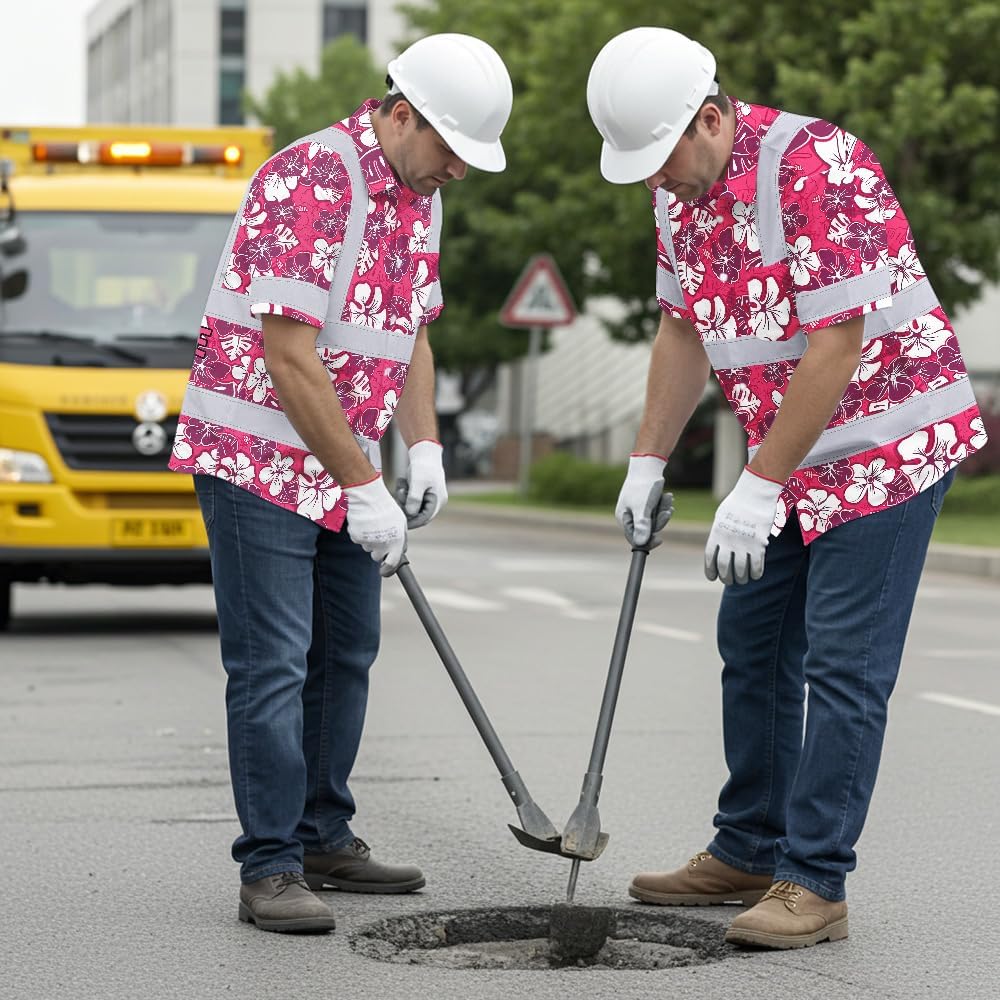 High Visibility Hawaiian Shirt for Men Tropical Shirts Custom Name Floral Outfit Reflective Safety Workwear