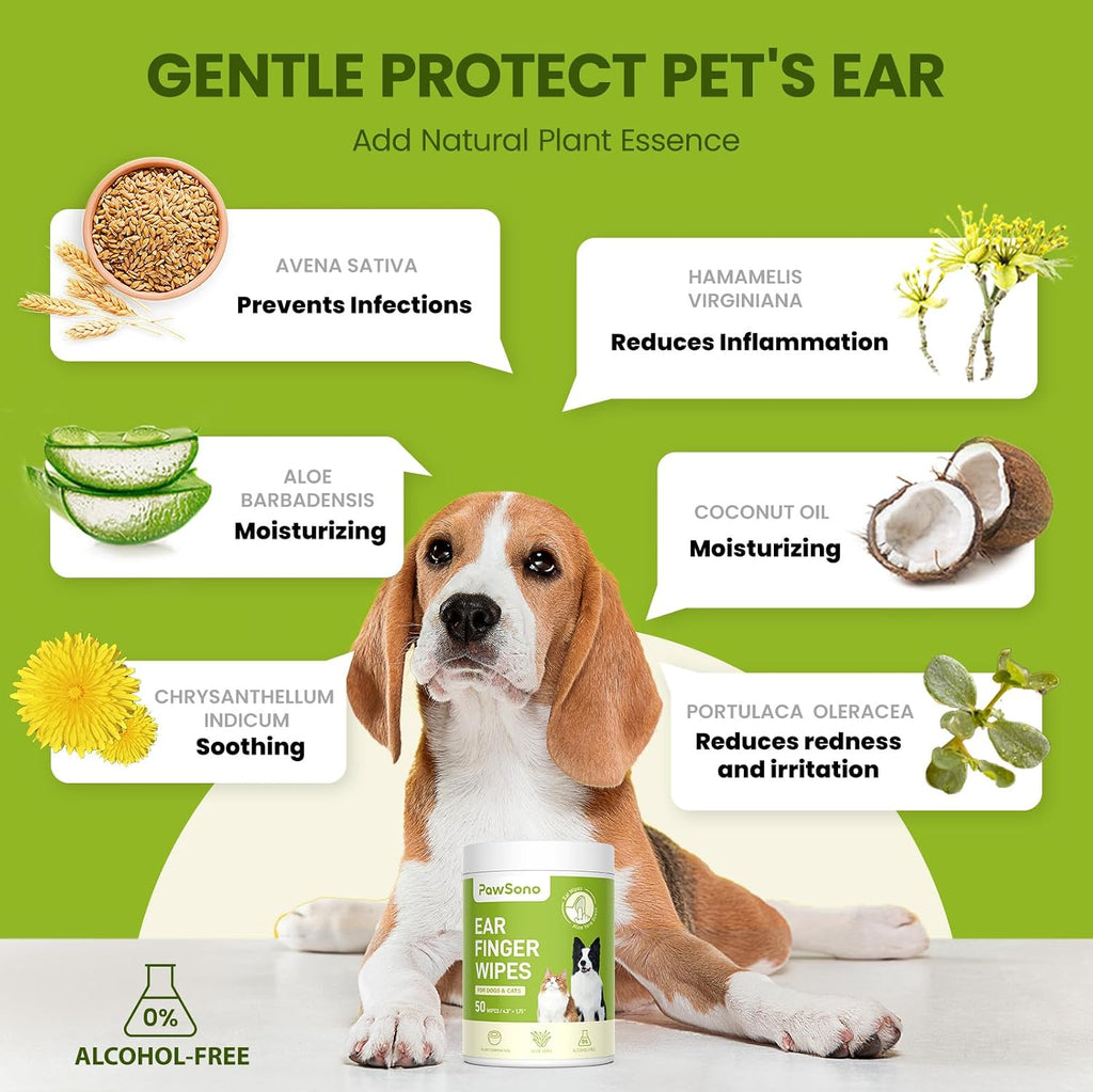 PawSono Dog Ear Wipes - 50 Count Dog Ear Cleaner Finger Wipes for Dogs & Cats, Pre-Moistened Ear Cleaning Wipes for Puppies, Kittens & Small Animals, Thick Pet Ear Wipes to Remove Wax, Dirt & Debris