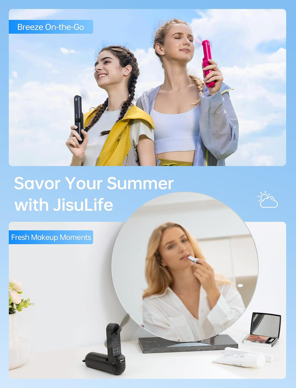 JISULIFE 3 IN 1 Portable Fan with Power Bank & Flashlight Featured | 19H Max Cooling, USB Rechargeable, Pocket-Sized Handheld Fan for Travel, Cruise, Concerts, Makeup, Summer Gifts for Women