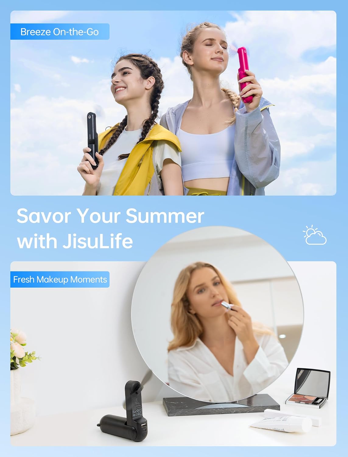 JISULIFE 3 IN 1 Portable Fan with Power Bank & Flashlight Featured | 19H Max Cooling, USB Rechargeable, Pocket-Sized Handheld Fan for Travel, Cruise, Concerts, Makeup, Summer Gifts for Women