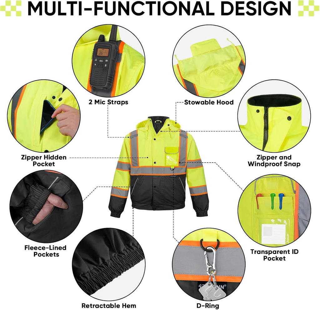 TICONN Hi Vis Safety Bomber Jacket, Fleece-Lined Waterproof ANSI Class 3