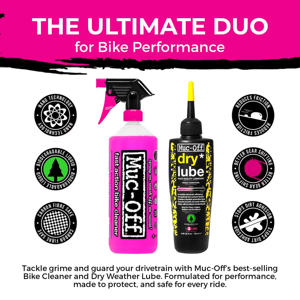 Muc-Off Nano Tech Bike Cleaner 1 Liter & Bio Dry Chain Lube 120ml Bundle with Microfiber Towel | Ultimate Bike Cleaning & Lubrication Kit | Safe on All Surfaces | Wax-Based Lube for Dry Conditions
