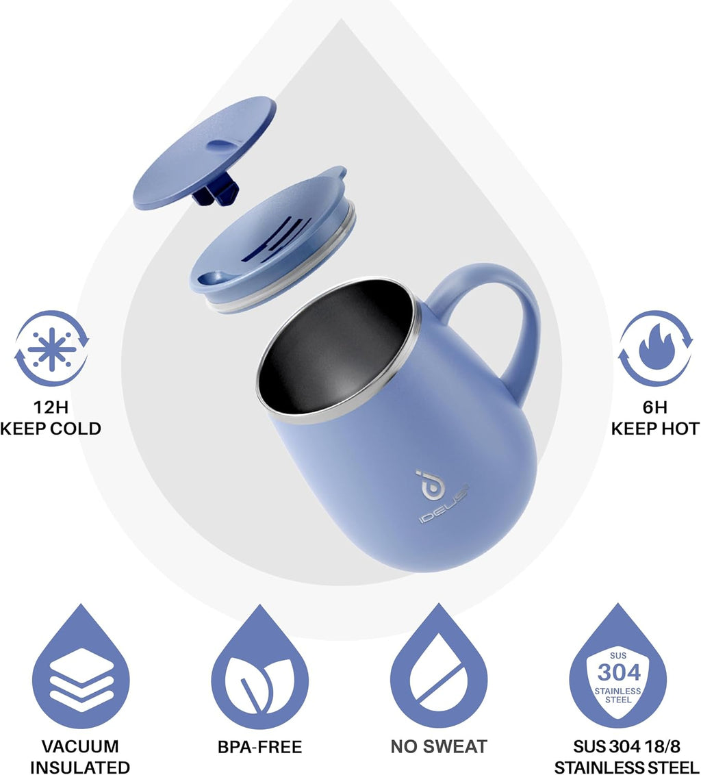 Ideus 16 oz Insulated Coffee Mug with Lid and Handle (Ocean Blue 2.0)