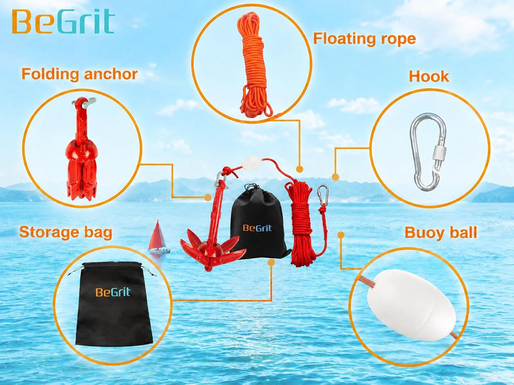 BeGrit Small Kayak Anchor w/Rope, Folding Marine Anchor for Paddle Board