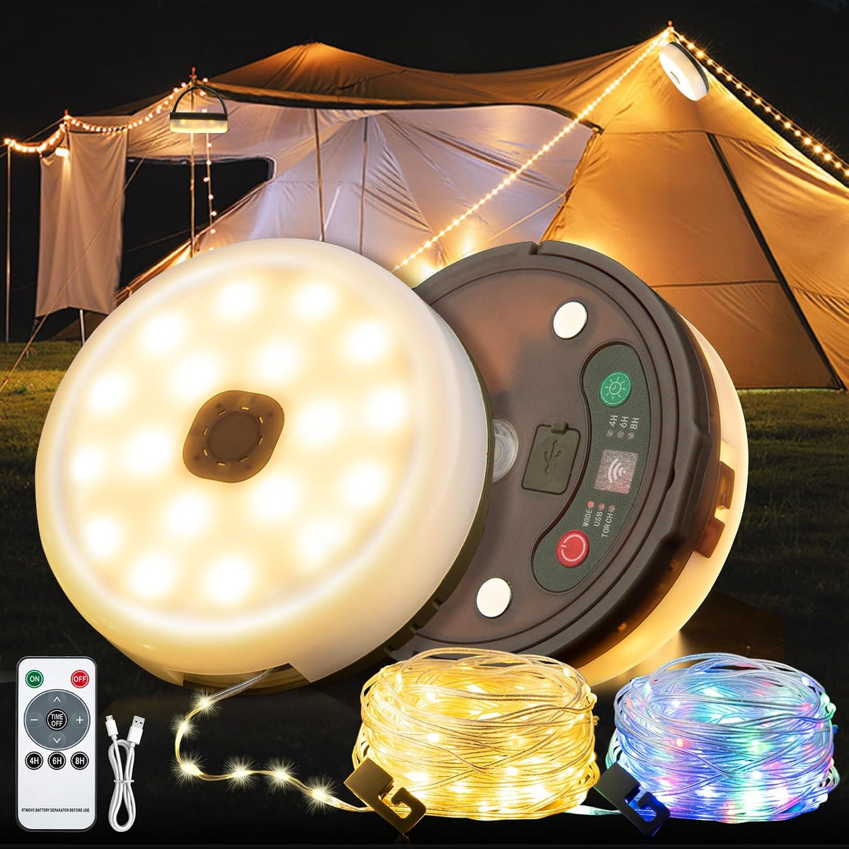 Sutaig 2-Pack Camping String Lights, 4 in 1 Outdoor Camping Lantern with 8 Lighting Modes(32.8Ft), Quick 30s Recovery, Waterproof, Type-C Fast Charging, Portable Lights for Camping/Yard/Hiking
