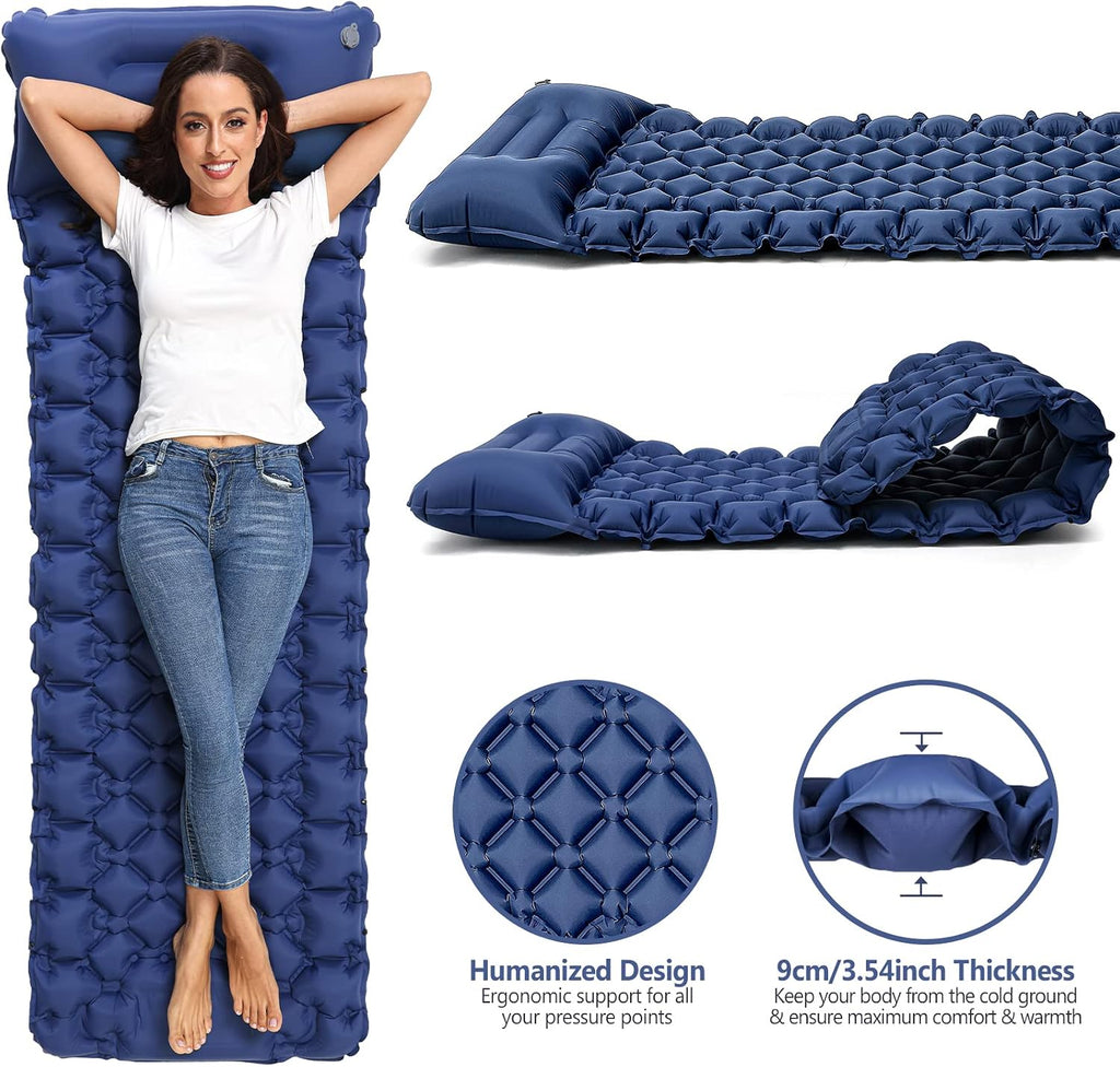 Sleeping Pad, Ultralight 40D Nylon Camping Mat Built-in Pump - Blue
