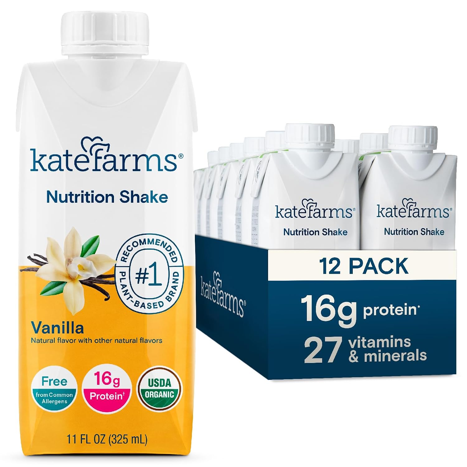 KATE FARMS Organic Nutrition Shake, Vanilla, 16g Protein, 12 Pack