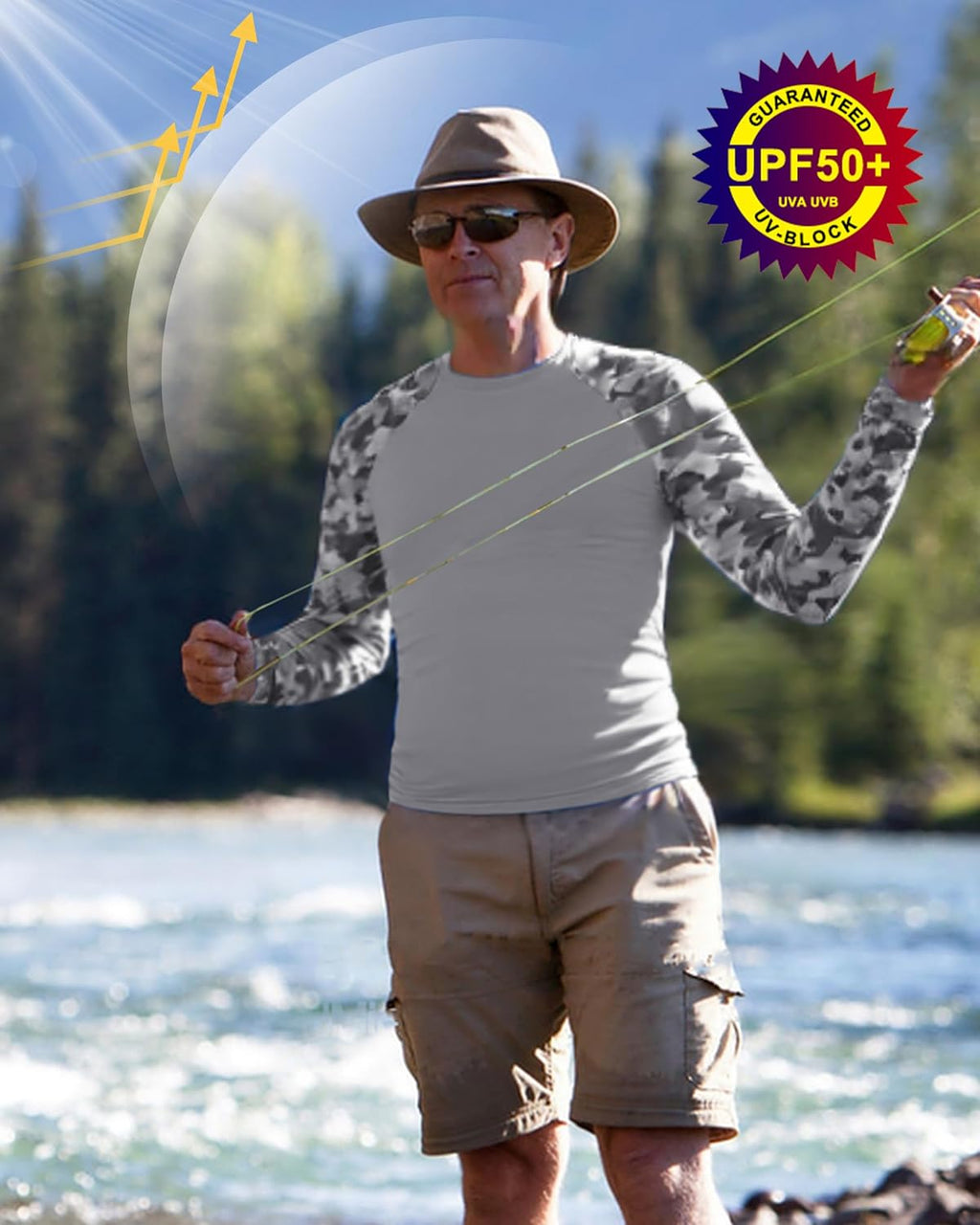 FISHEAL Men's Long Sleeve Fishing Shirts, UPF 50+ Camo Sun Protection Rash Guard, UV Shirt for Swimming Hunting Outdoor
