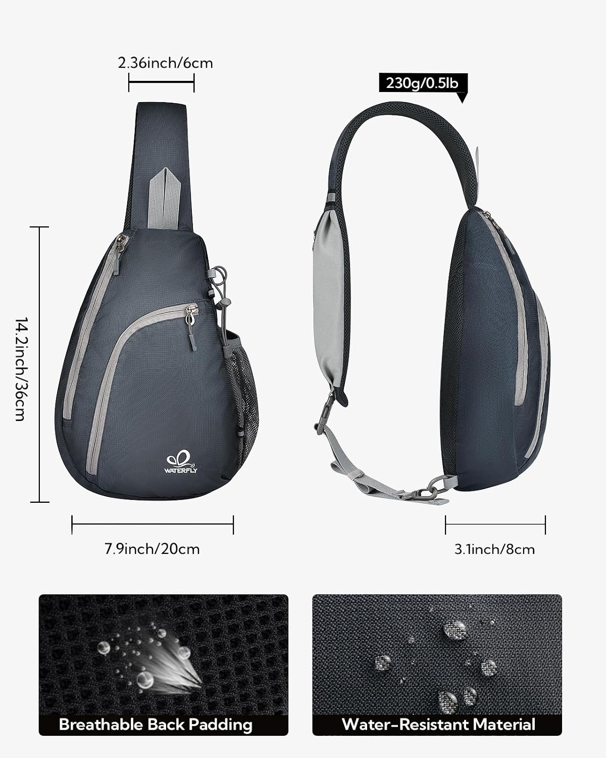 WATERFLY Crossbody Sling Bag, Small Shoulder Chest Backpack