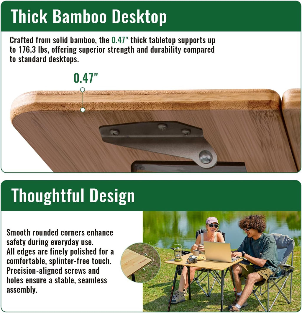 KingCamp Bamboo Folding Table, 4-Fold Camping Adjustable Height Portable Outdoor Lightweight & Compact Table with Aluminum Frame for RV Picnic BBQ Tailgating