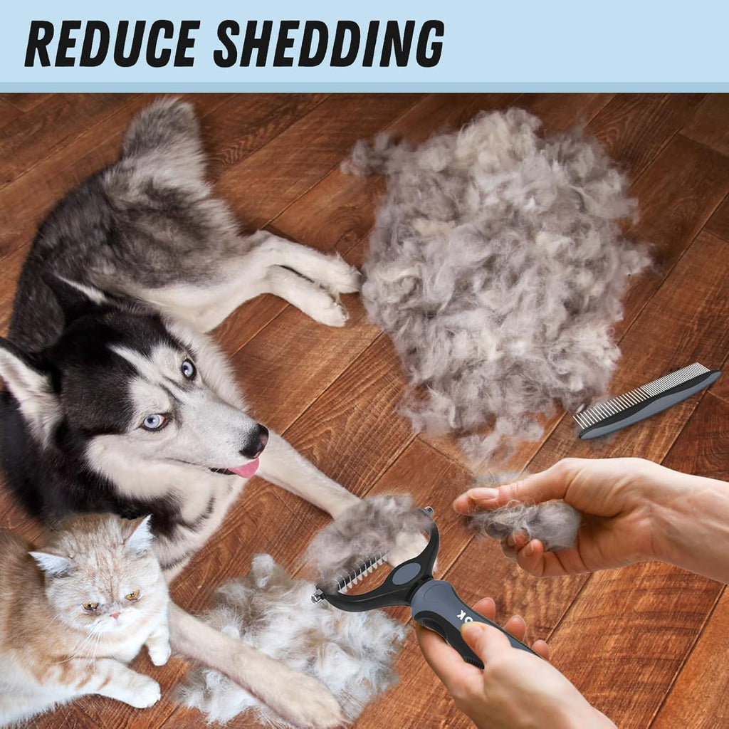 Docrok Pet Grooming Brush and Metal Comb Combo for Dogs & Cats, Gray
