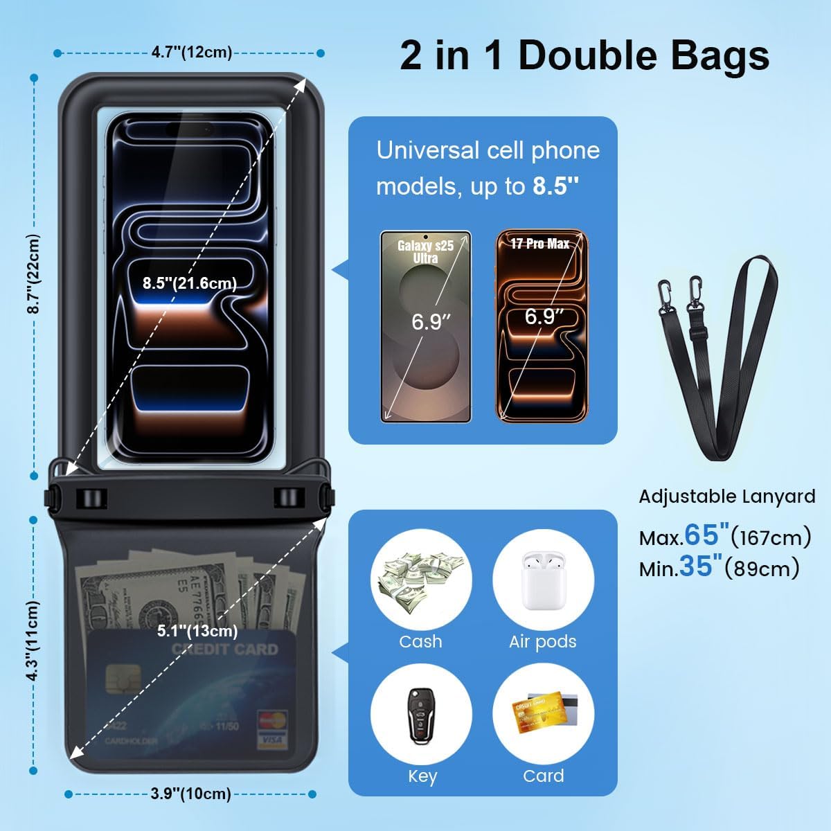 Rynapac Double Space Floating Waterproof Phone Pouch [Up to 8.5''], 2 Pack