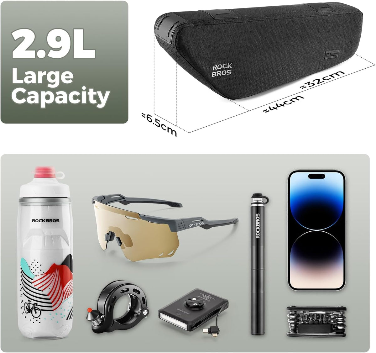 ROCKBROS Bike Frame Bag 2.9L Under Top Tube Bike Bag with Narrow Edge