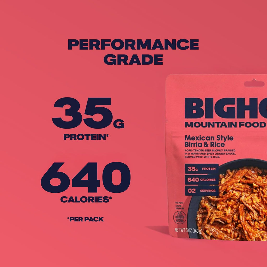 BIGHORN Mountain Food Mexican Style Birria and Rice - contains 6 packs | 12 servings | 210g Protein | 3,840 Calories - premium freeze dried meals for backpacking food - dehydrated camping food for backpacking meal - just add water - great taste