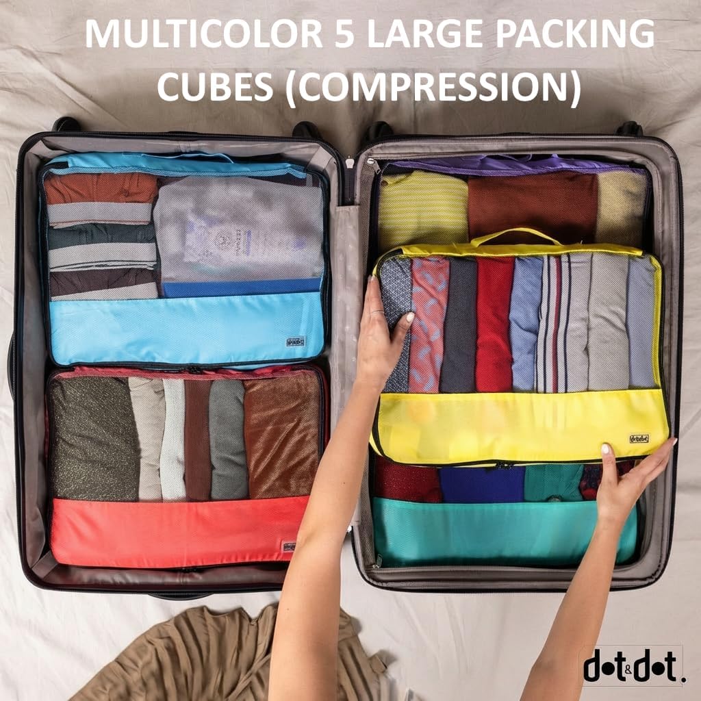 Dot&Dot Large Compression Packing Cubes 5pc Set - Suitcase Luggage Organizer Bags - Expandable Travel Essentials - Lightweight Fabric Organizers